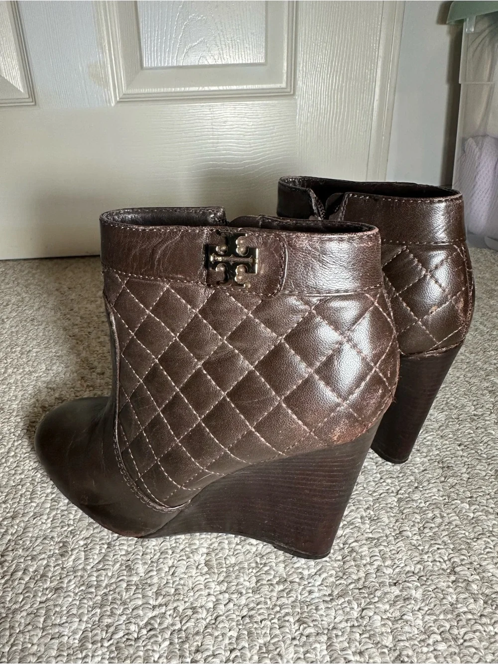 Tory Burch Dark Brown Quilted Leather Wedge Ankle Boots